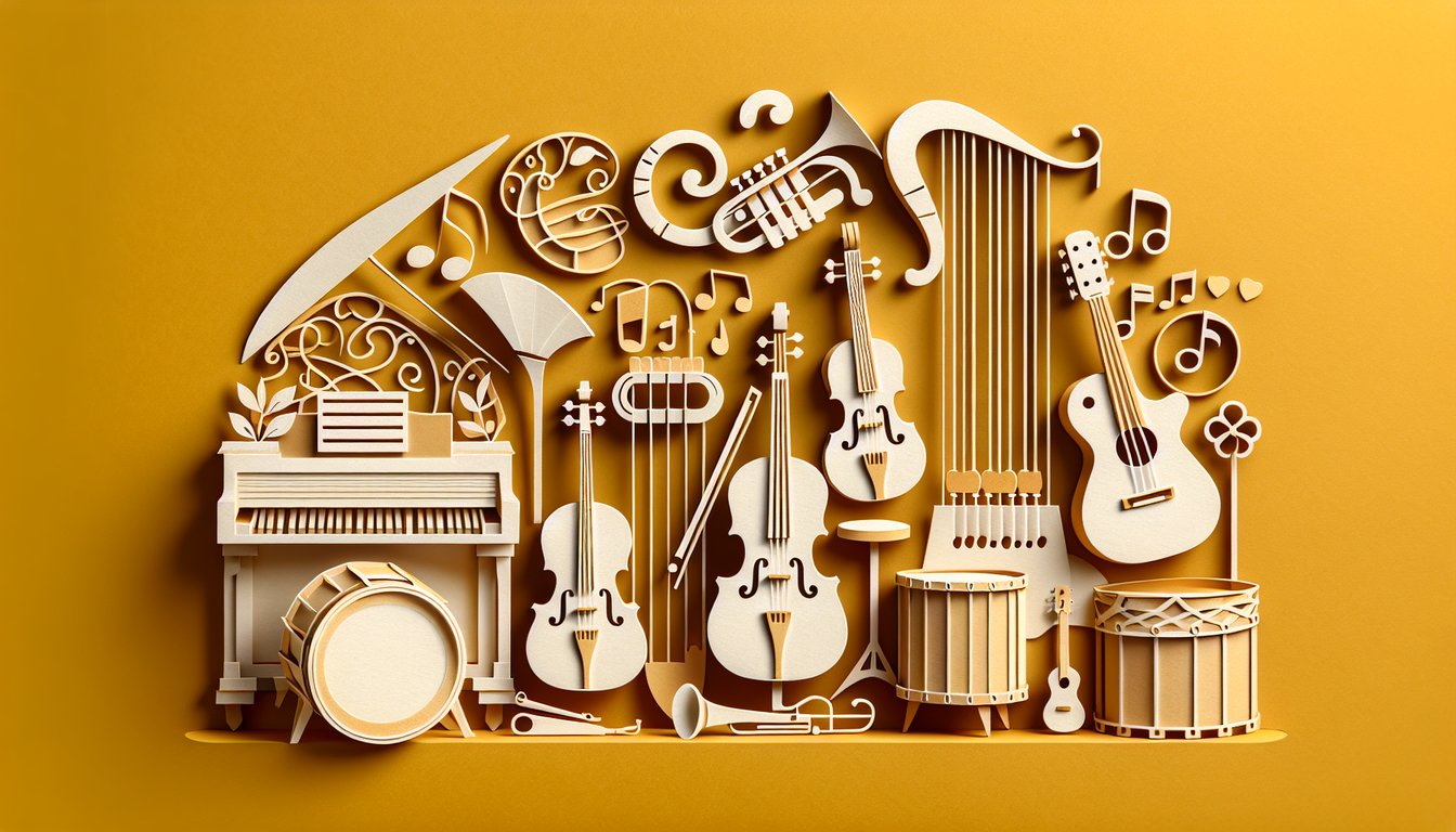 Paper art cutouts of musical instruments on golden yellow background inviting a personality quiz