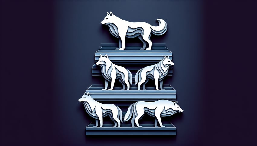 Paper art illustration of layered wolf head cutouts on dark blue background for wolf pack rank quiz to reveal inner alpha