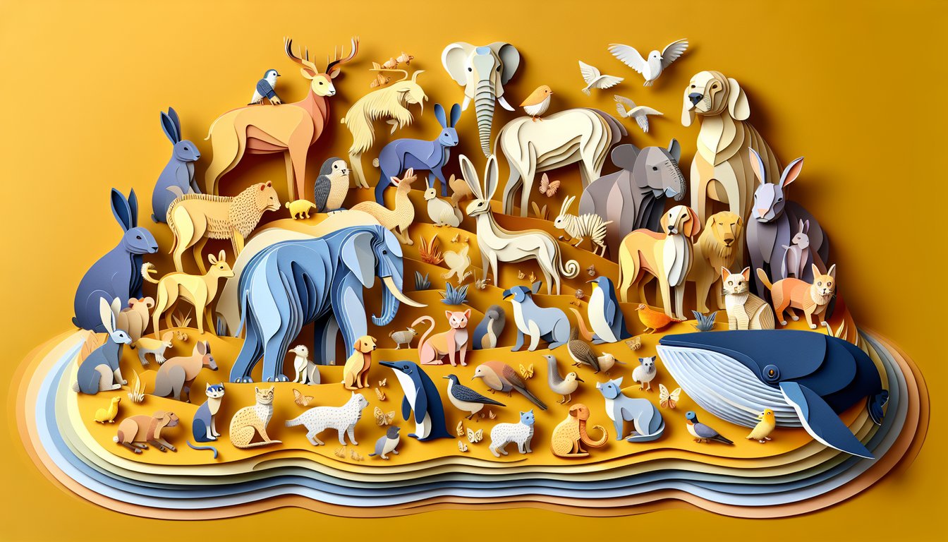 Paper cut art featuring various animals and Grade 3 animal quiz text on golden yellow background