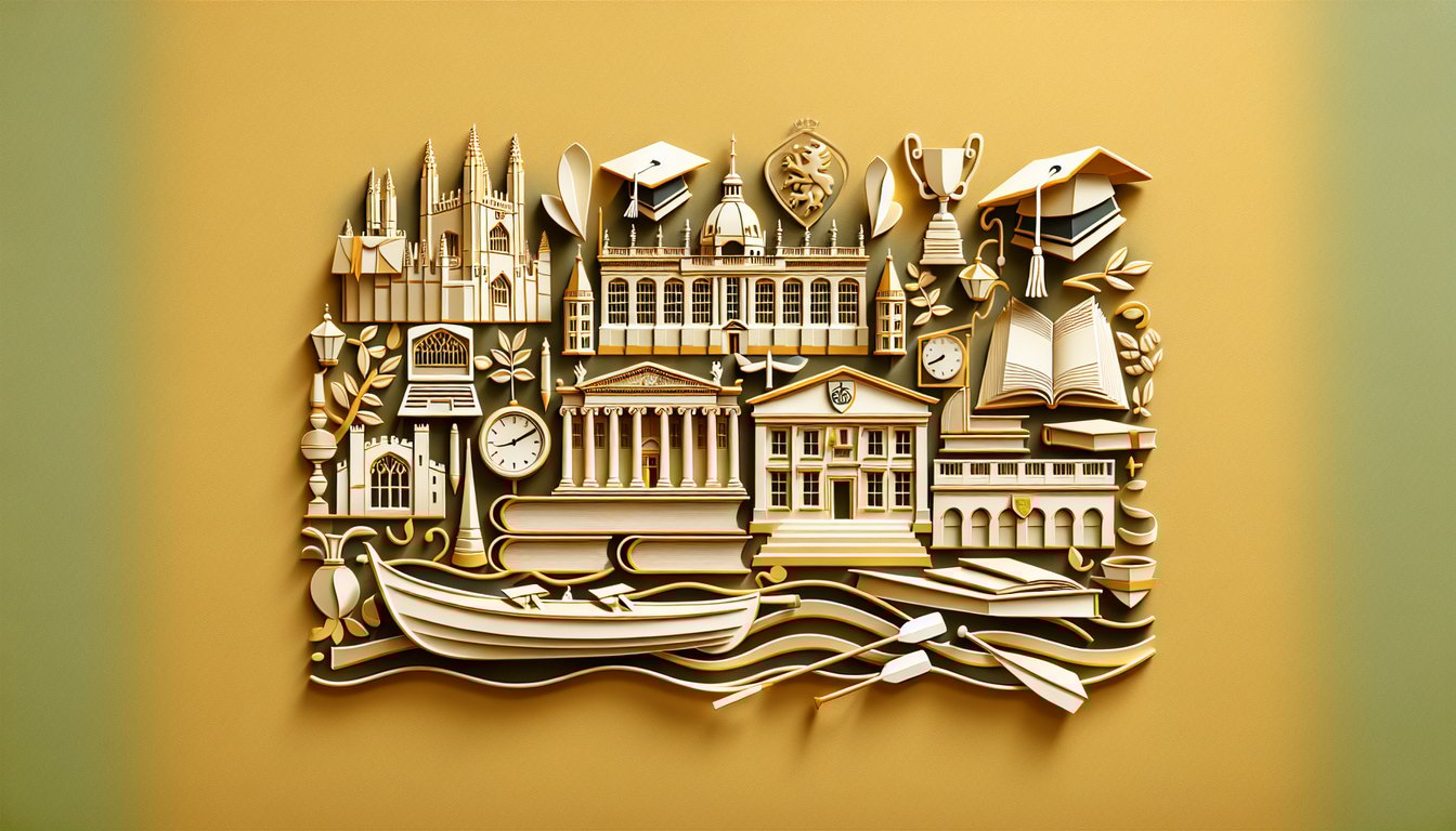 Paper art illustration of Oxford University trivia quiz with mortarboard book quill and trophy on golden yellow background