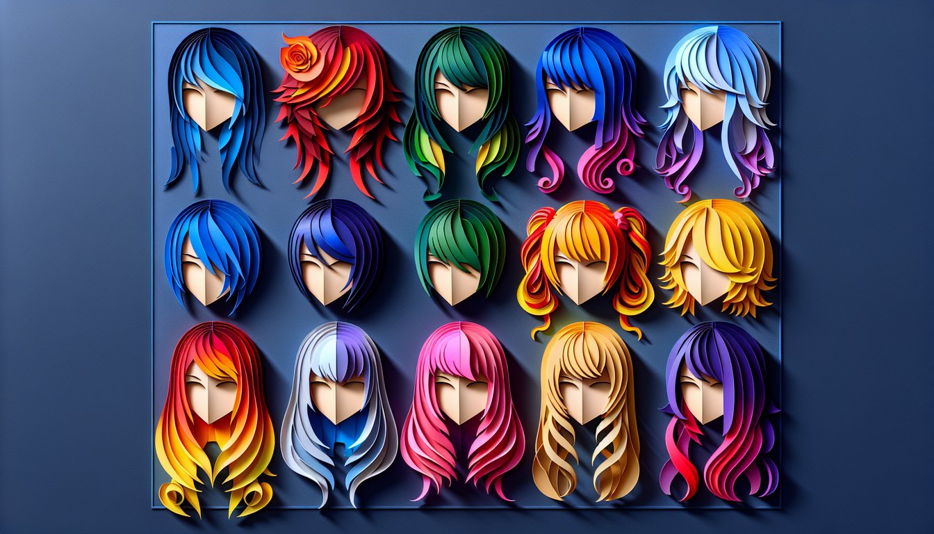 paper art illustration showing anime characters with vibrant hair colors on dark blue background for personality quiz.