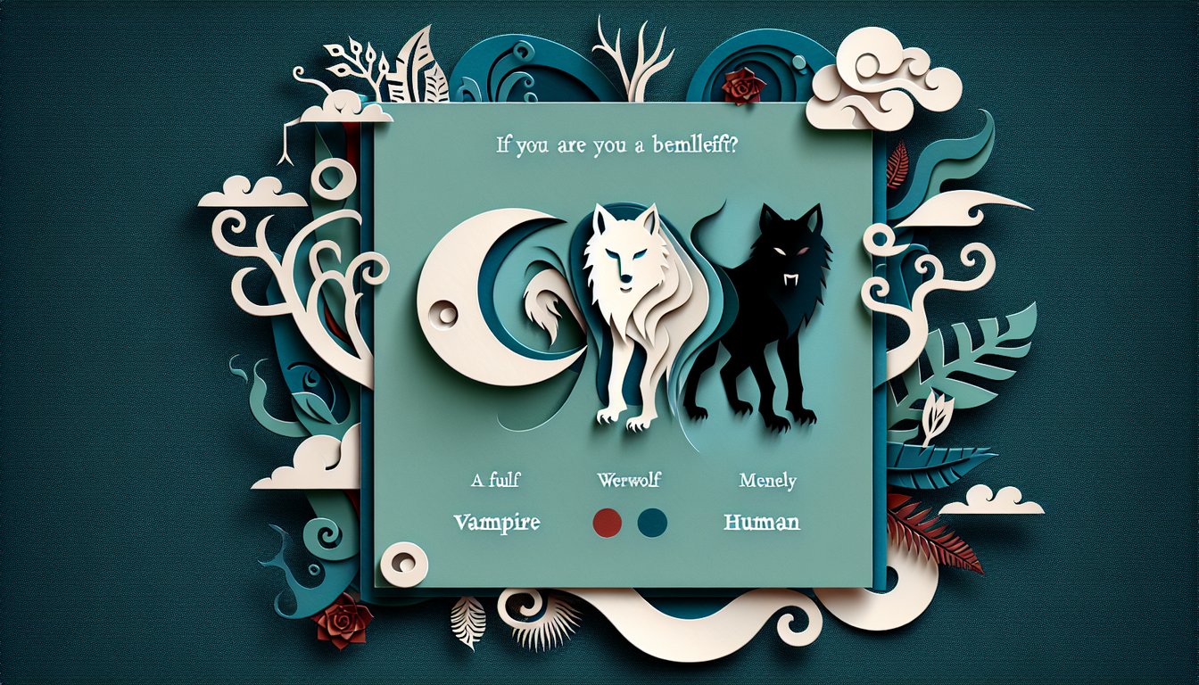 Layered paper art silhouettes of half vampire half wolf full werewolf and human figures on teal background.