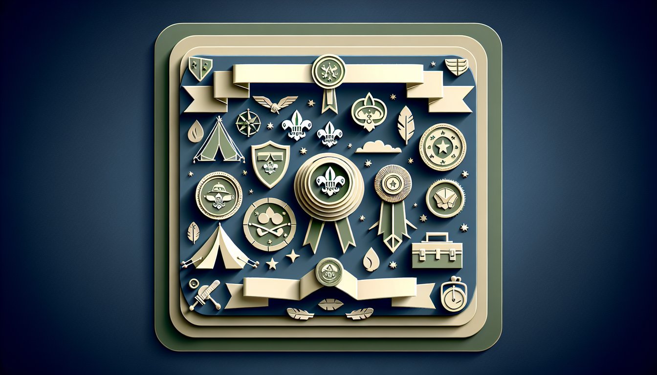 Paper art illustration of Boy Scout quiz badges compass and history icons on dark blue background
