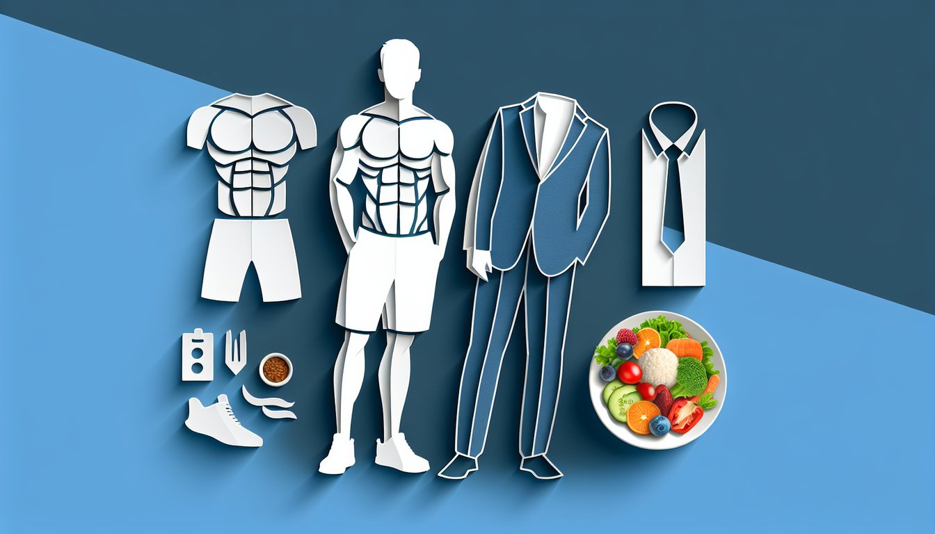 Paper art illustration for a mens body type quiz offering personalized fitness, diet, and style tips on a dark blue background.