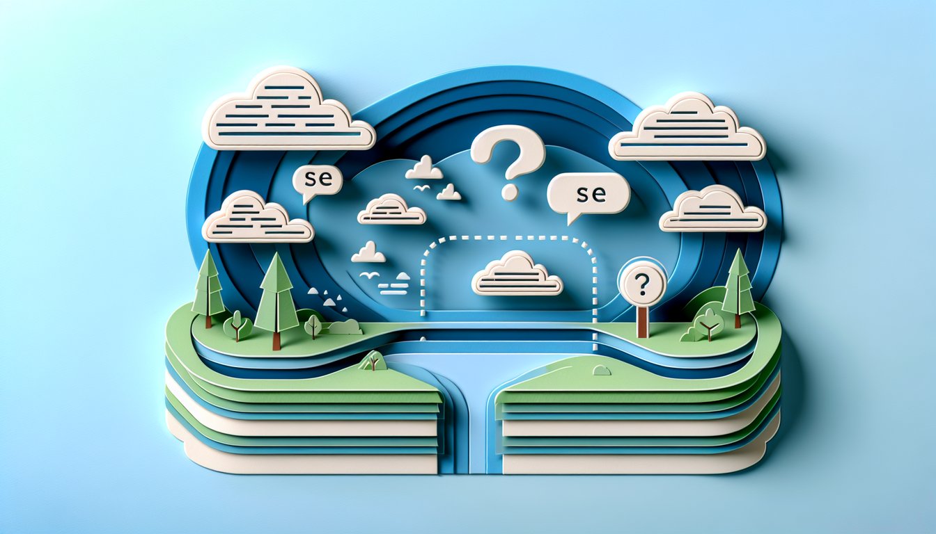 Paper art illustration quiz about declarative vs interrogative with statement and question bubbles on sky blue background