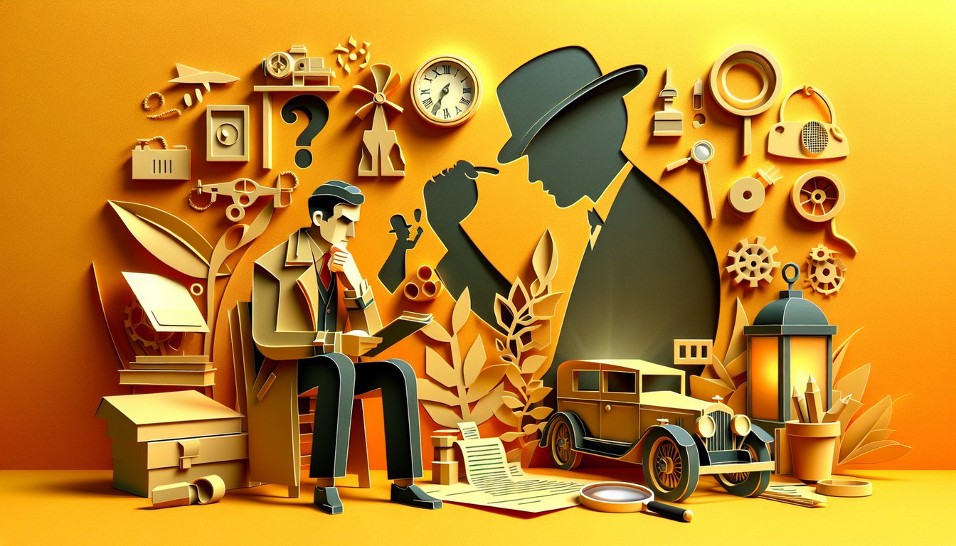 Paper art quiz illustration mentalist theme detective magnifying glass red john emblem vintage car golden yellow background