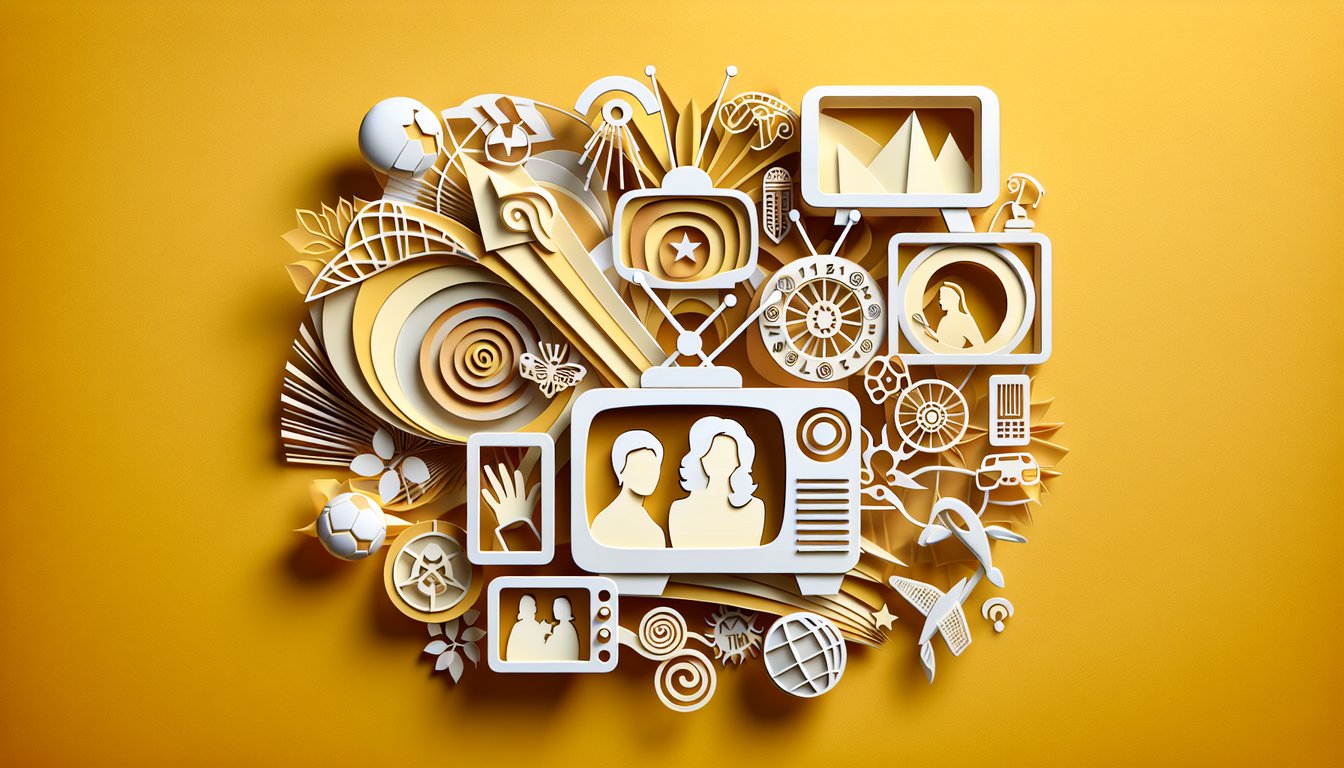 Paper art illustration featuring icons of TV moms surrounded by quiz elements on a golden yellow background.