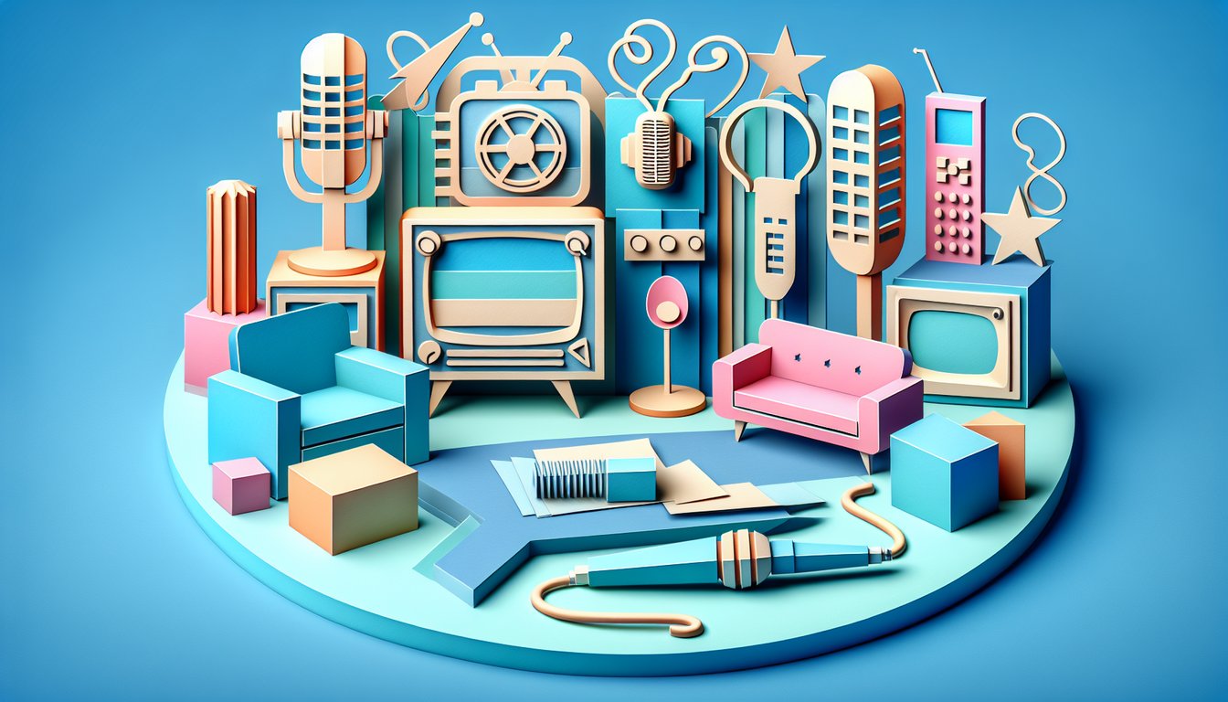 Paper art collage of microphone coffee mug pretzel and New York skyline on sky blue background for Seinfeld trivia