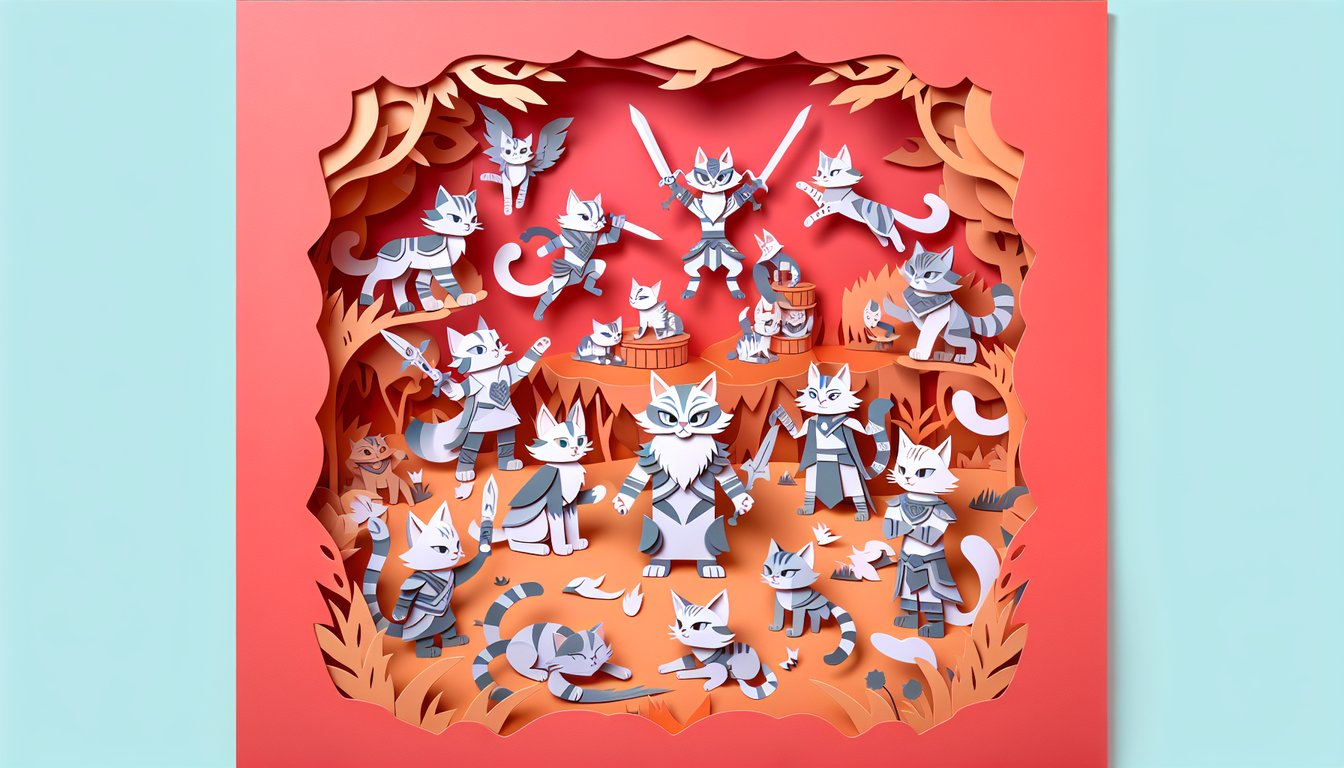 Paper art illustration for Warrior Cat personality quiz on a coral background