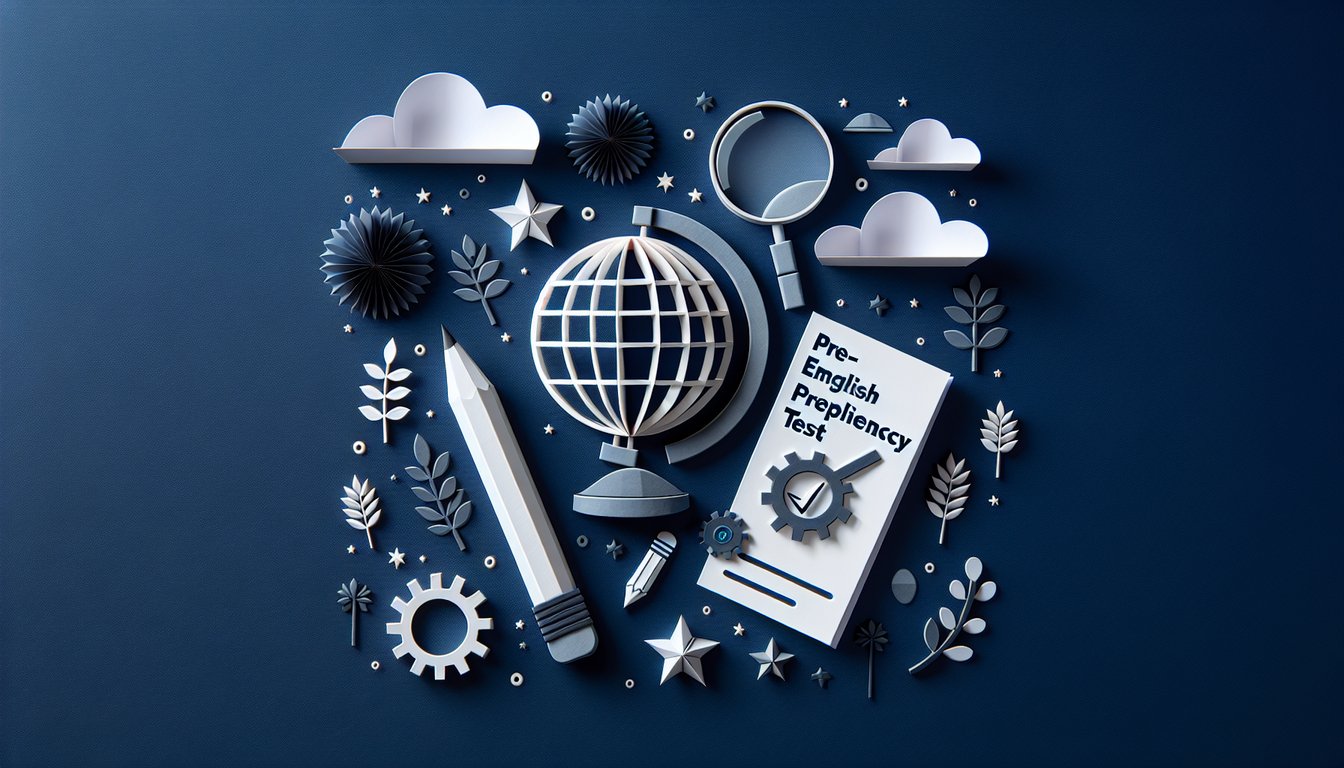 Colorful paper art illustrating a quiz on Pre-Employment English Proficiency Test