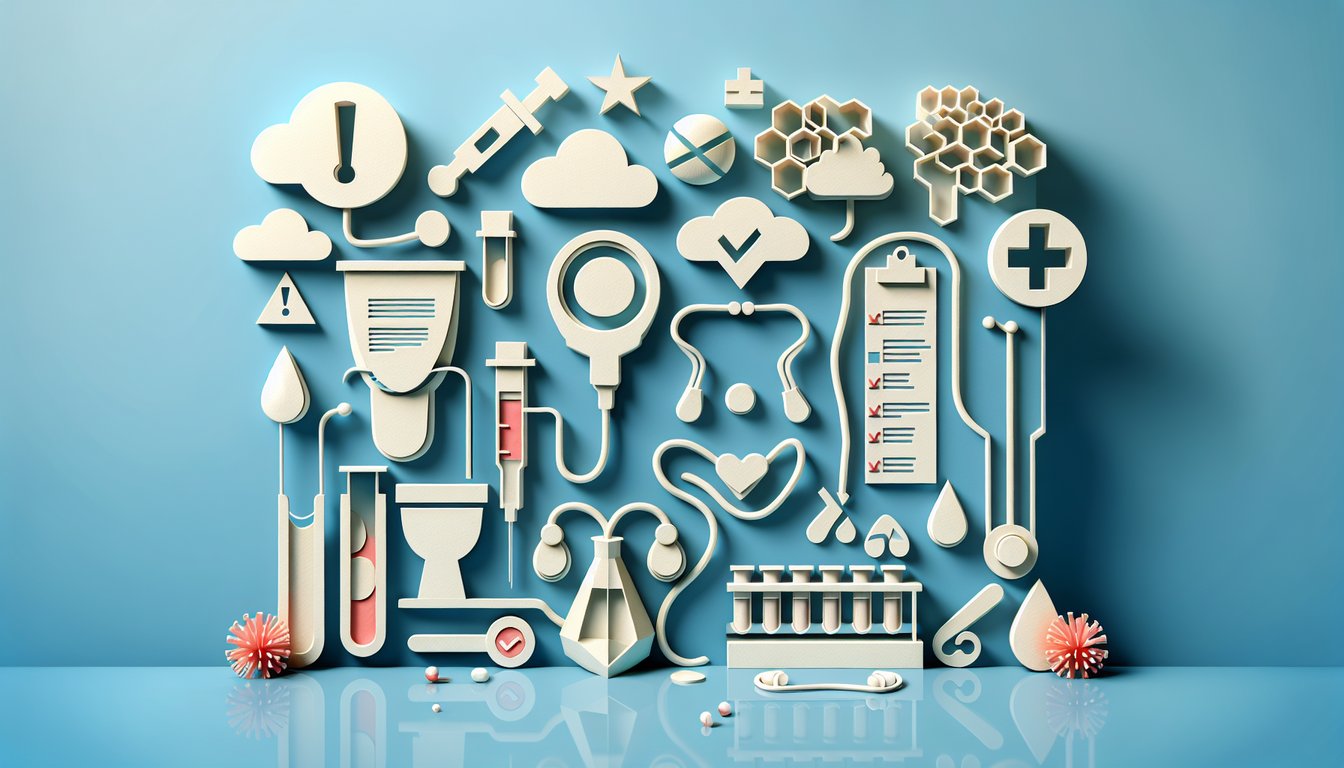 Paper art quiz prompt on sky blue background with friendly icons encouraging users to check UTI or yeast infection causes
