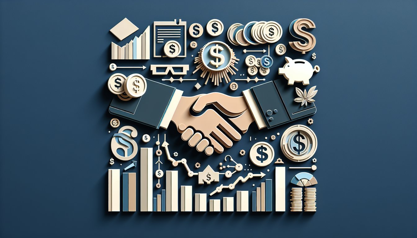 Layered paper cut icons of coins bills charts and quiz symbols on dark blue background