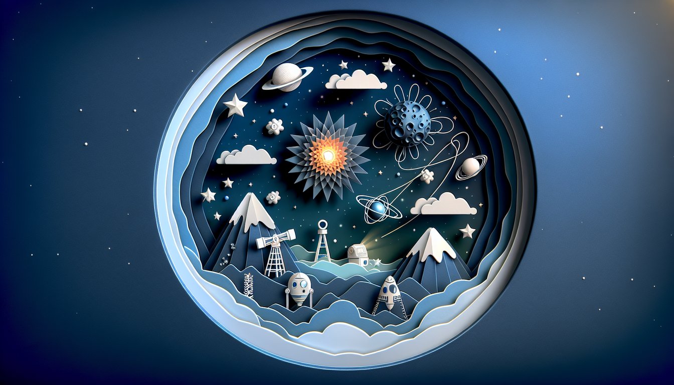 Paper art style sun stars galaxies planets on dark blue background inviting astrophysics quiz challenge