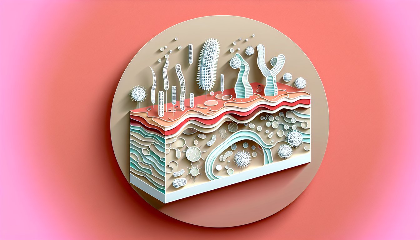 Paper art illustration showing skin cross section with microbes and quiz title on coral background