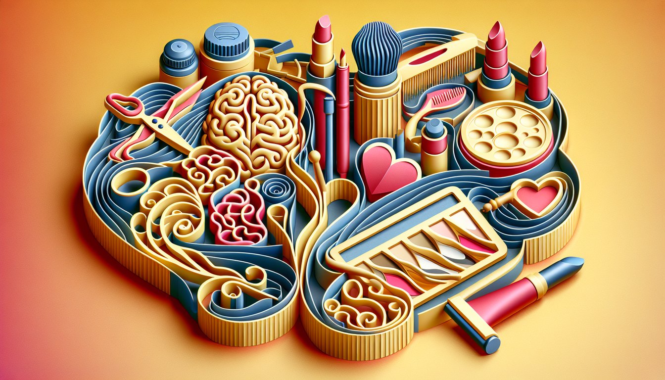 Paper art quiz illustration with anatomy icons hair skeleton muscle brain heart on golden yellow background