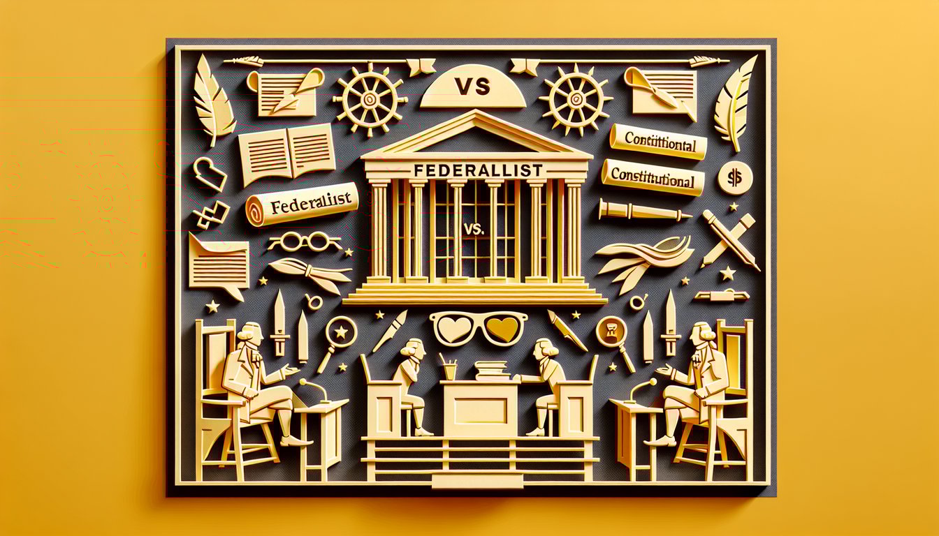Paper art illustration of stylized Federalist and Anti-Federalist profiles on golden yellow background