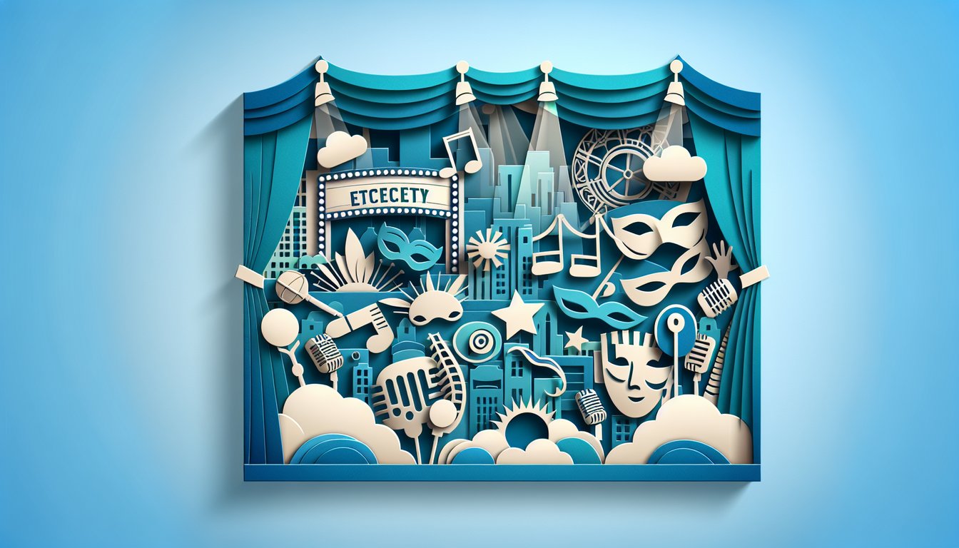 Paper art pie slices cupcakes and waitress figures on sky blue background for musical character quiz
