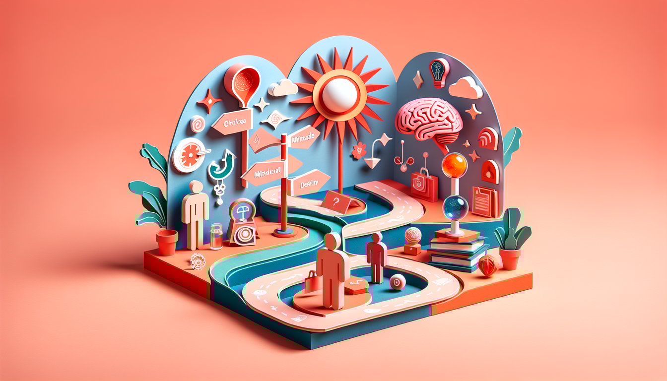 Paper art with compass cards question marks and brain on coral background symbolizing fate and destiny quiz.
