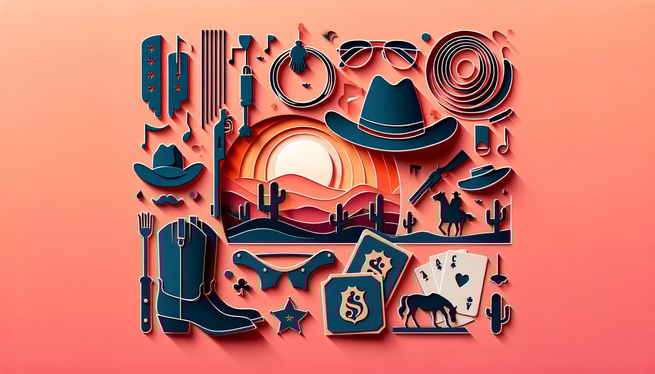 Paper art illustration featuring cowboy hat, boots, lasso and bandana on coral background for Western persona quiz