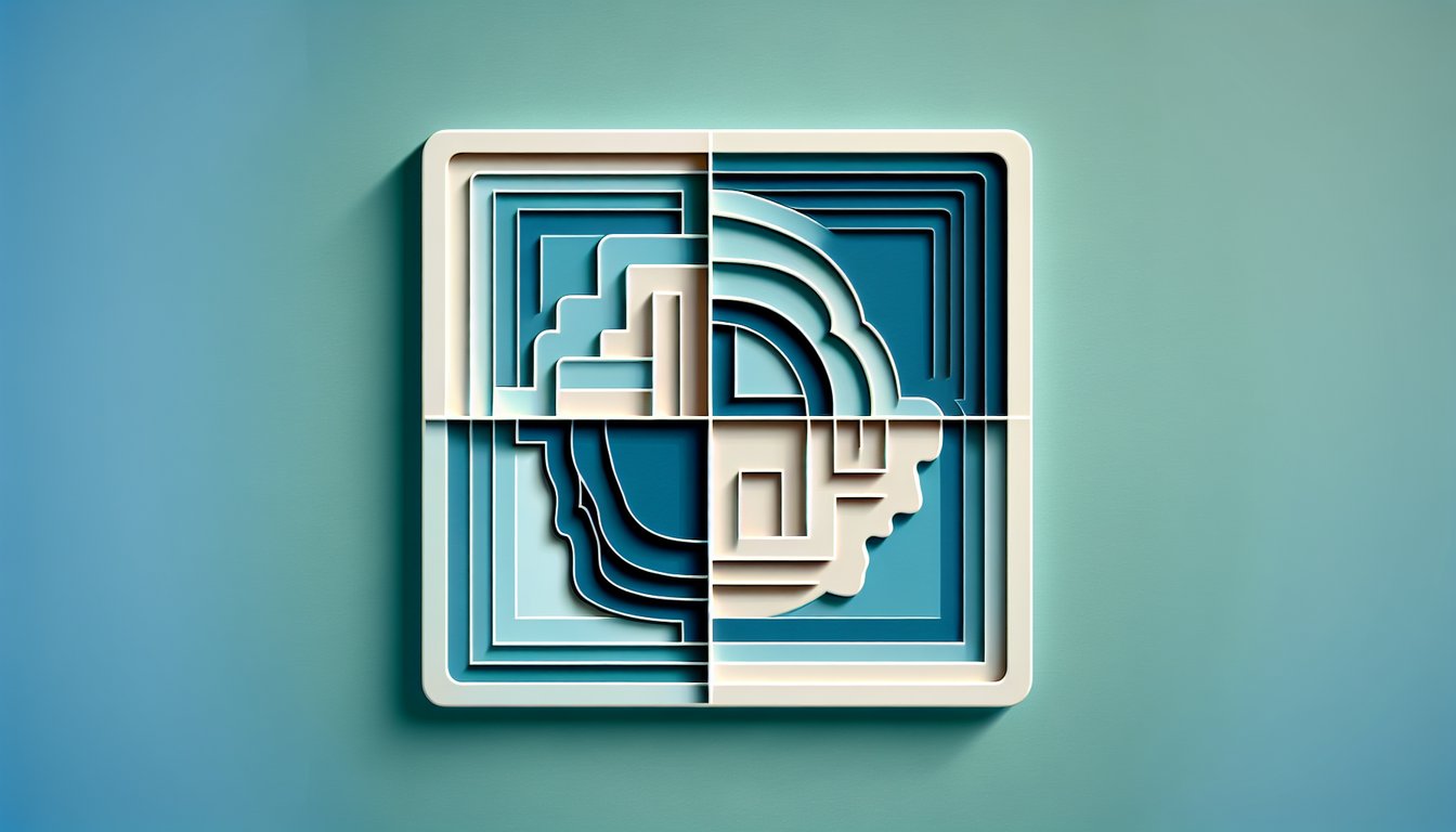 Paper art illustration showing four colored quadrants with icons representing personality traits on teal background.