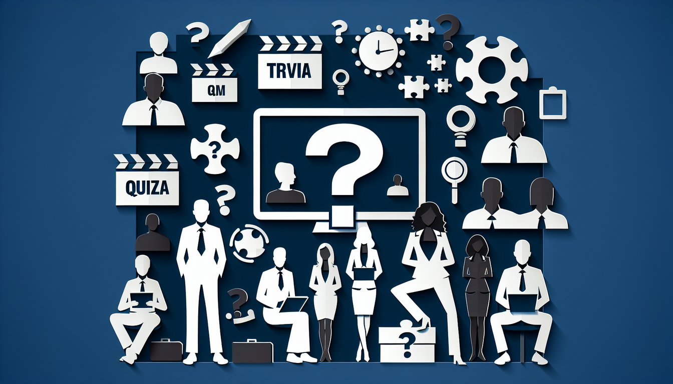 Colorful paper art depicting elements of an Employee Team Building Trivia Quiz.