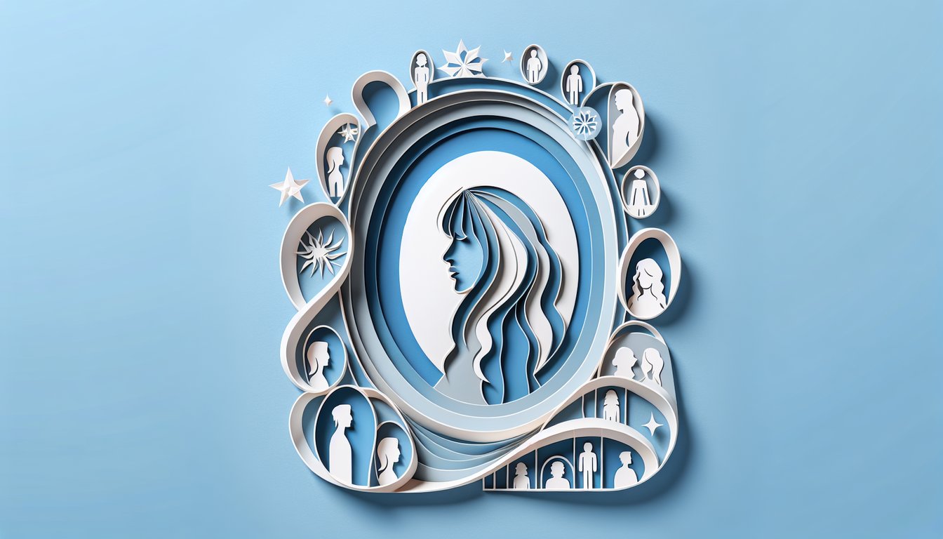 Paper art style face silhouette and personality icons floating on sky blue background for a real life appearance quiz