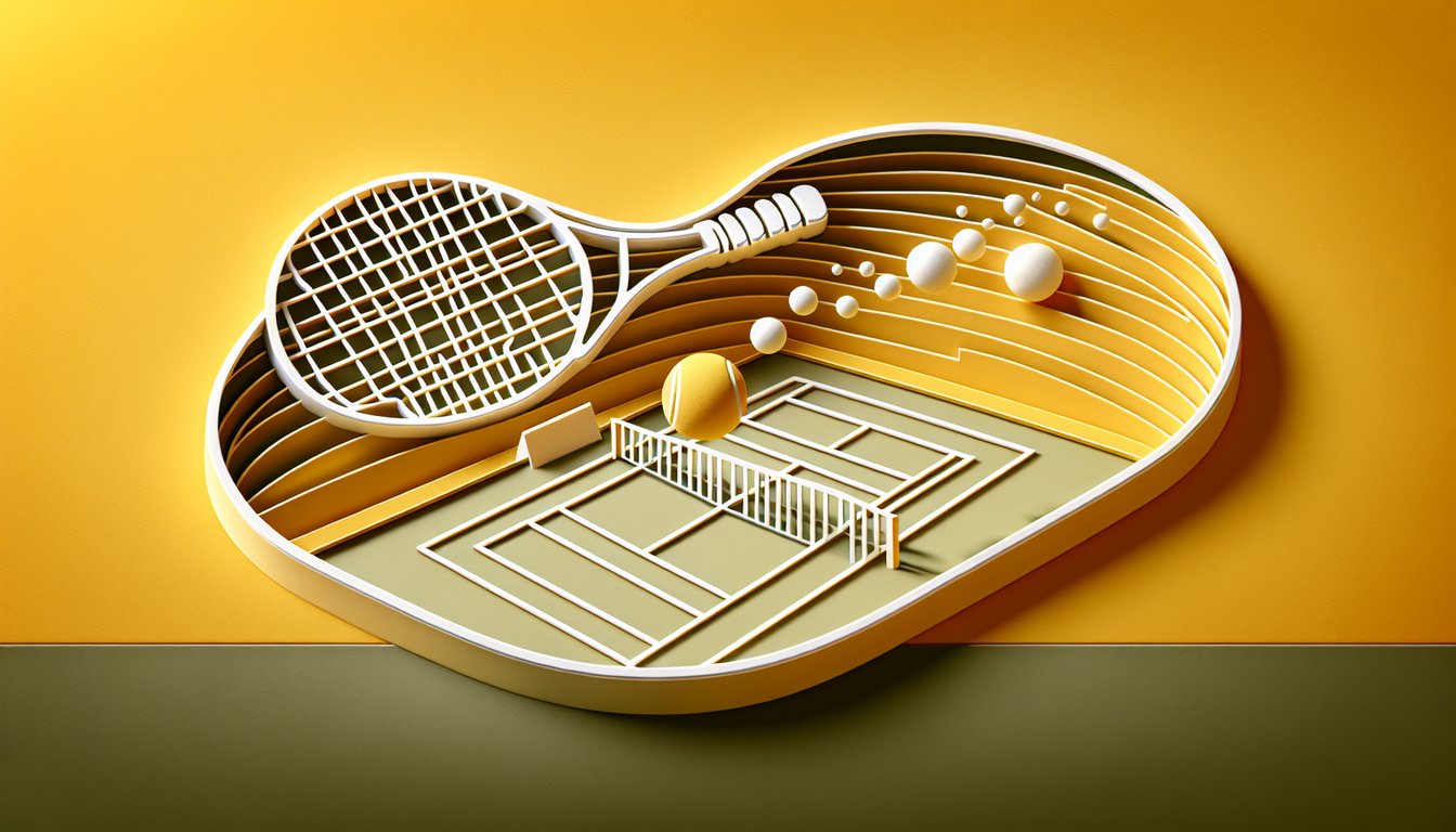 Paper art illustration for a tennis trivia quiz on a golden yellow background