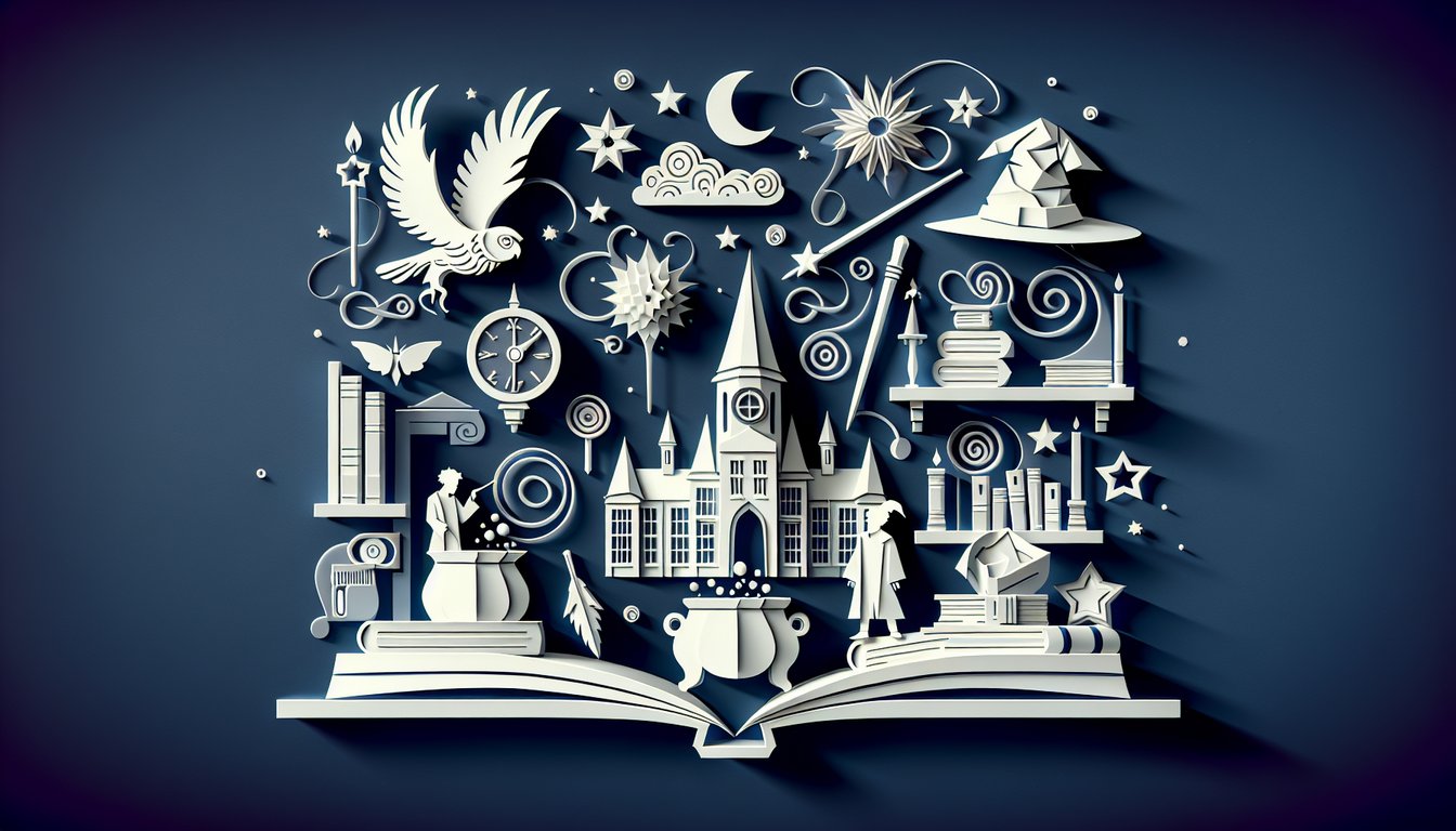 Paper art illustration of Hogwarts castle silhouette wizard hat and magic wand on dark blue background