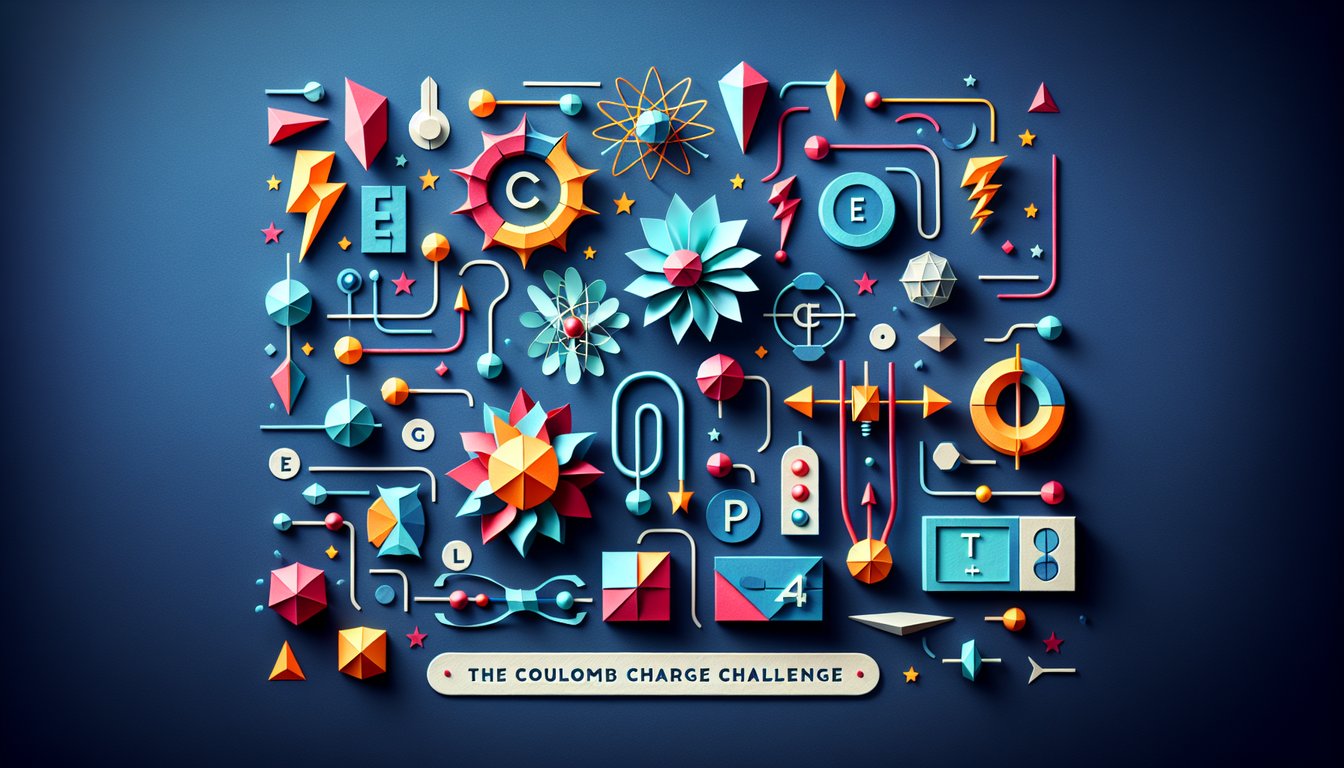 Colorful paper art promoting the Coulomb Charge Challenge physics quiz for students.