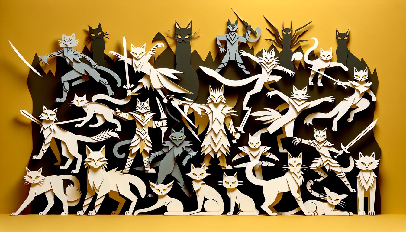 Paper art illustration for warrior cats clan quiz on a golden yellow background