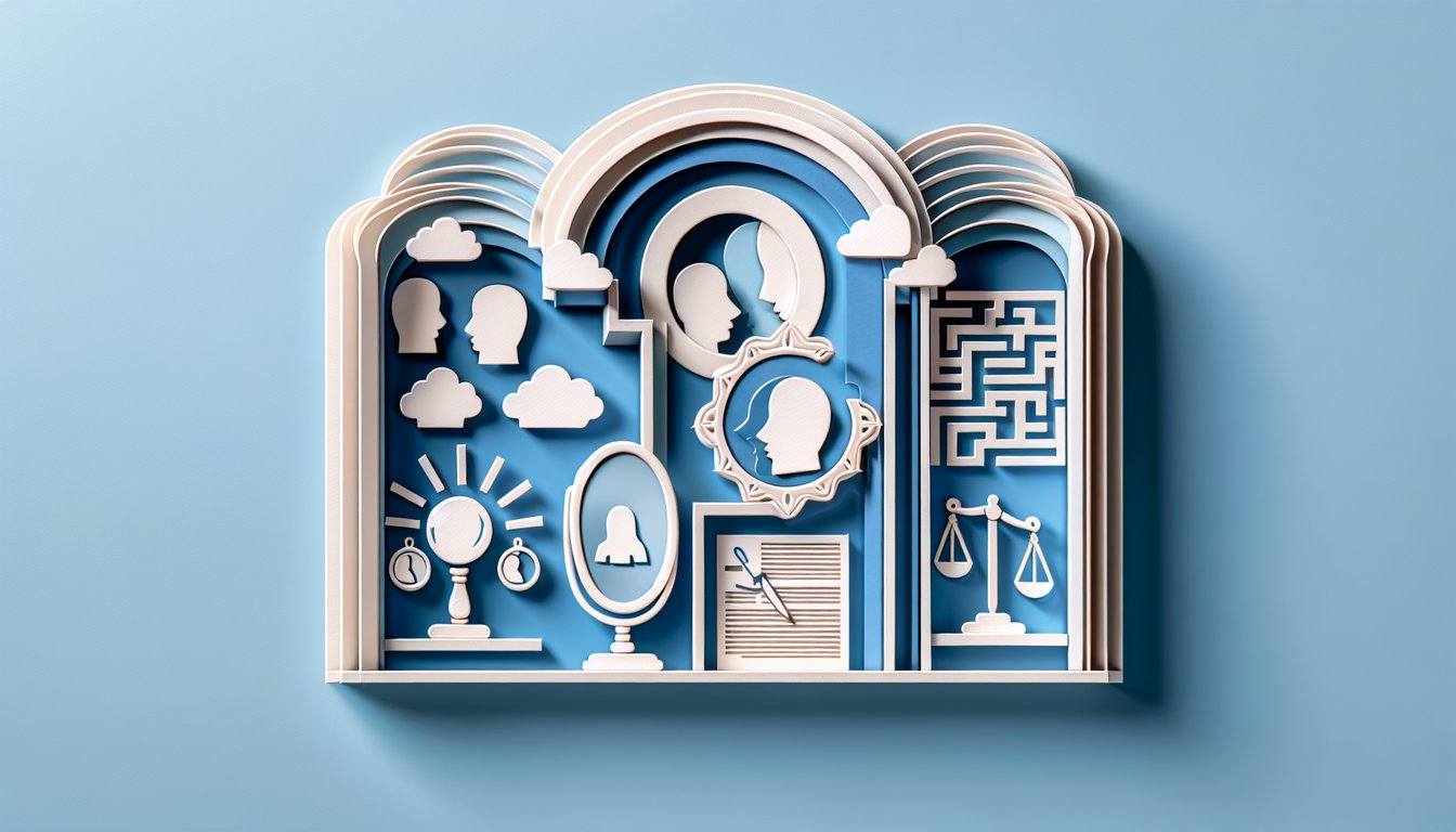 Paper art quiz graphic on sky blue background with a stylized mirror prompt asking am I a narcissist