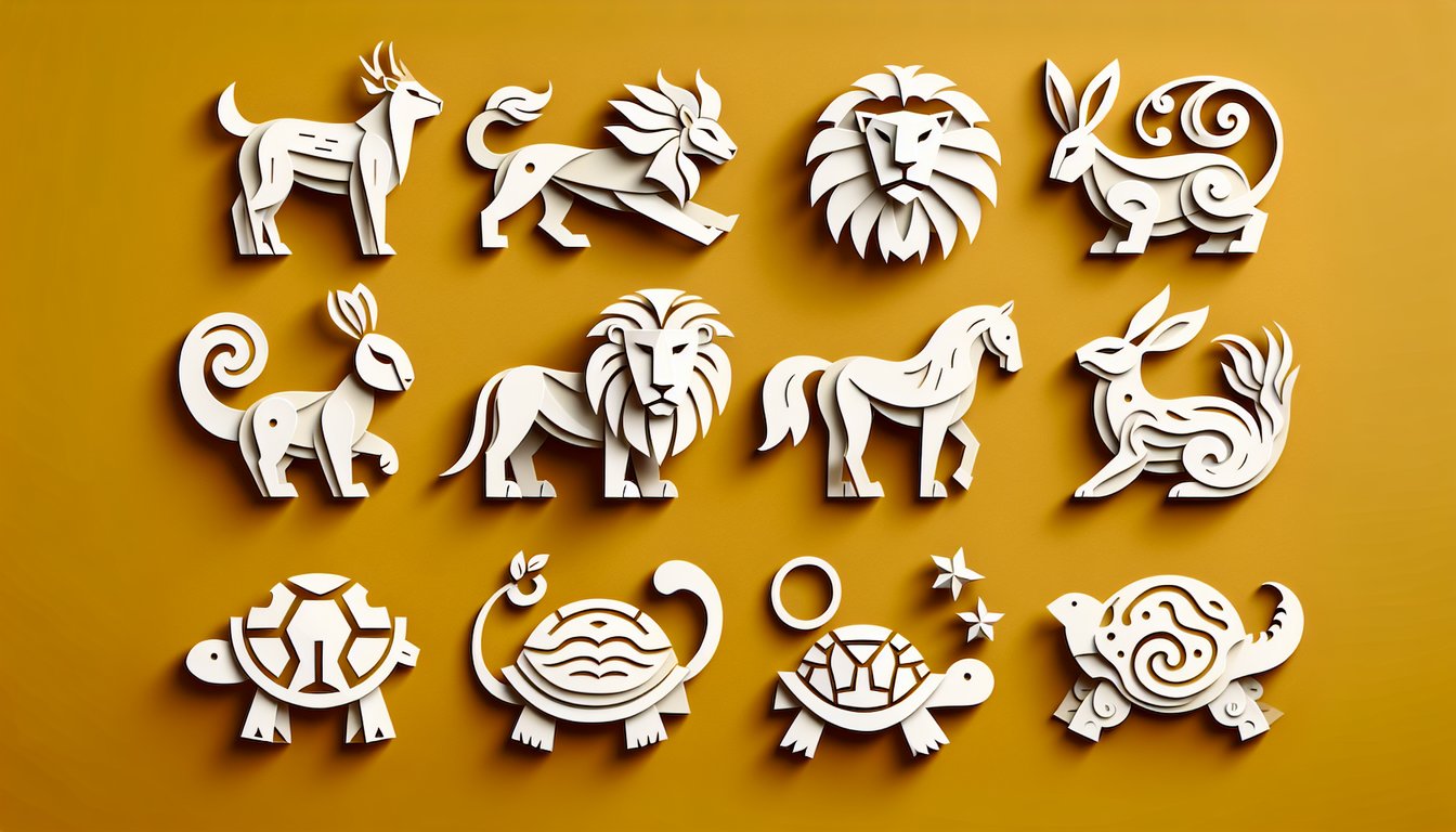 Paper art featuring stylized animal silhouettes and personality quiz text on golden yellow background