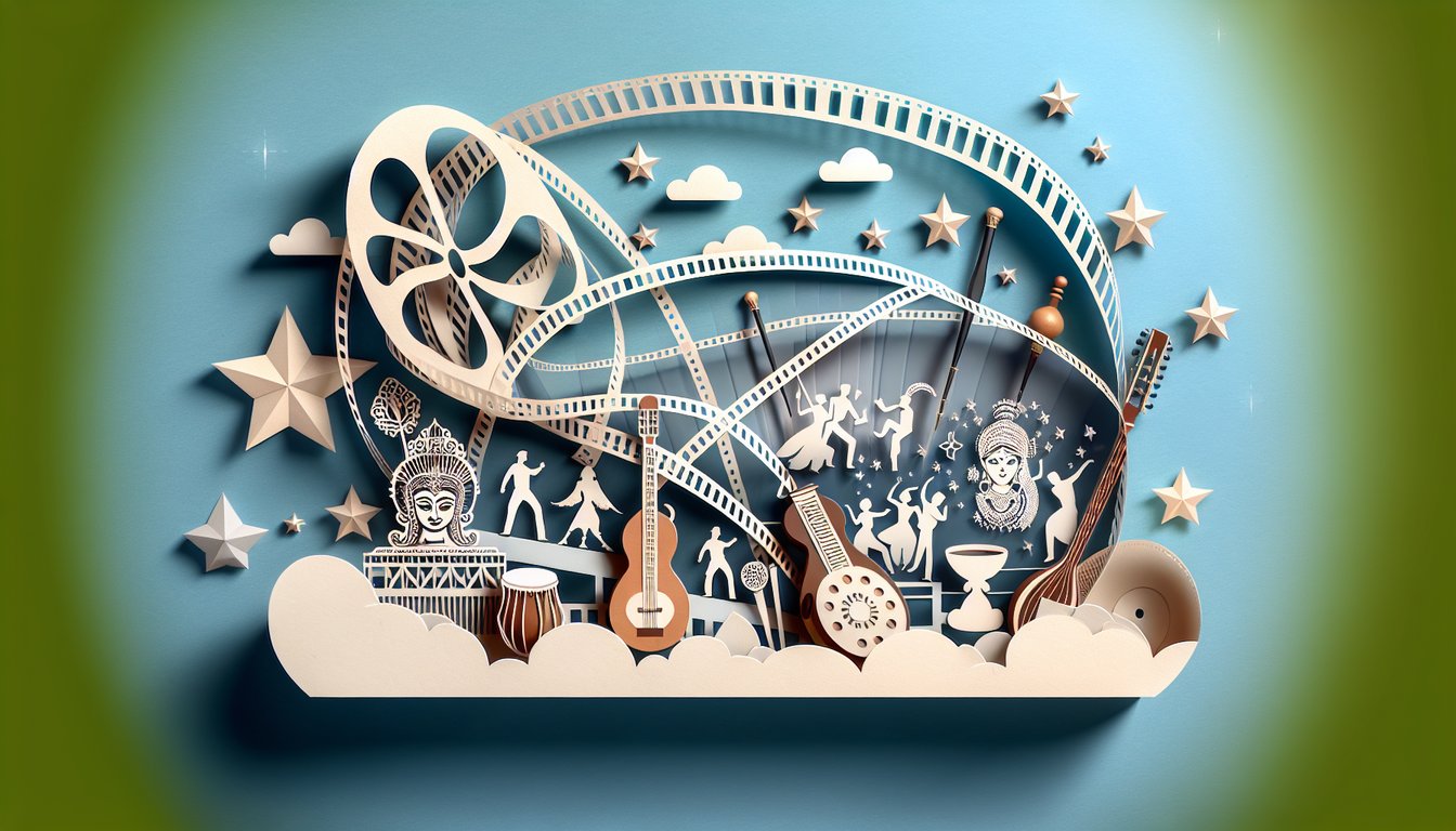 Paper art Hindi cinema icons film reel clapperboard stars music notes quiz symbols on sky blue background.