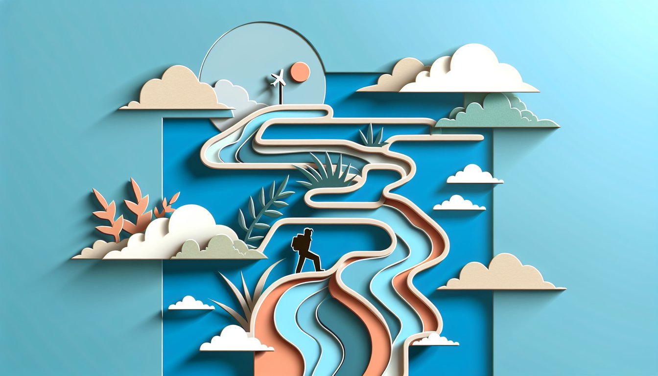 Paper art illustration of a diver exploring floating heart roadblocks on sky blue background