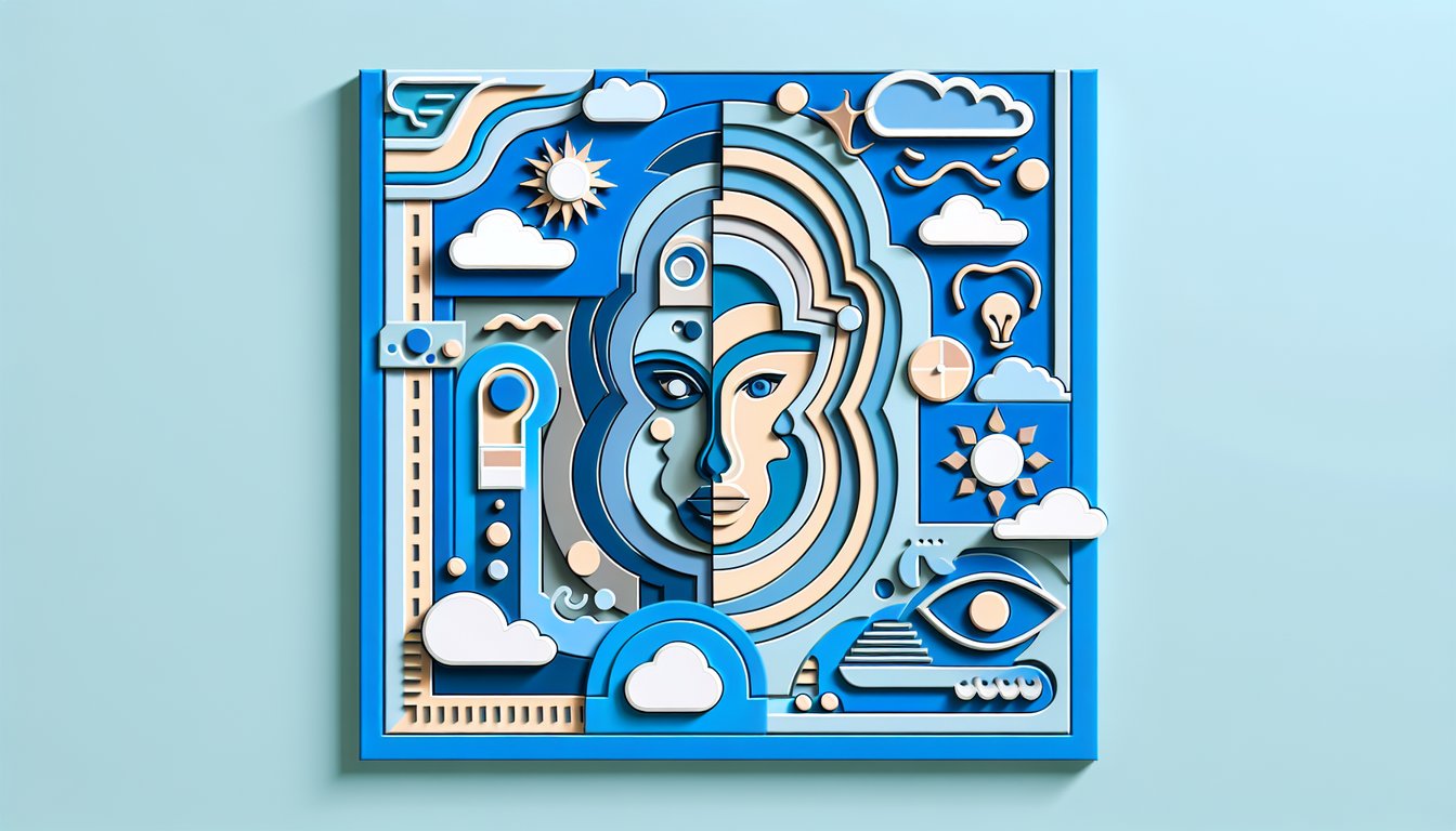 Paper art illustration for Am I Ugly quiz promoting self-discovery and charm on a sky blue background
