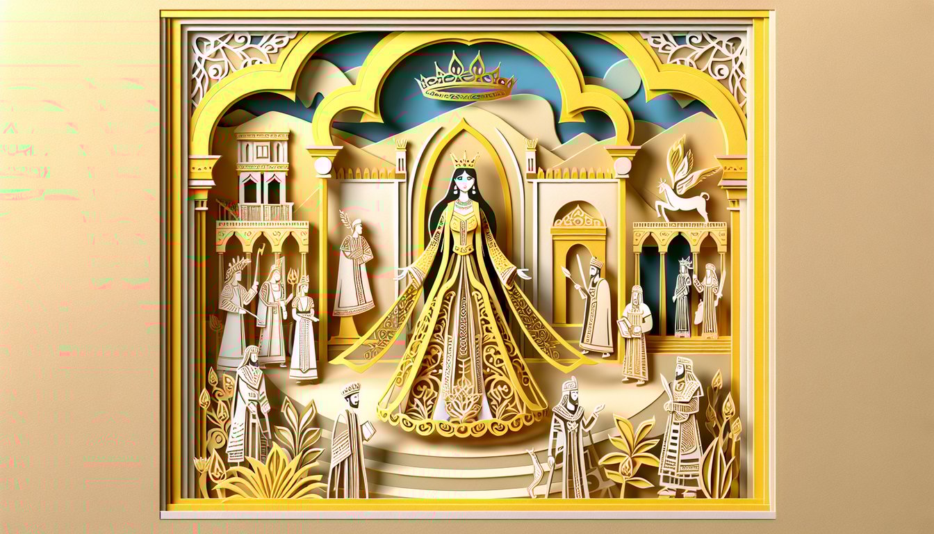 Paper art illustration showing scroll crown quill chalice open book Esther chapter two Bible quiz golden yellow background