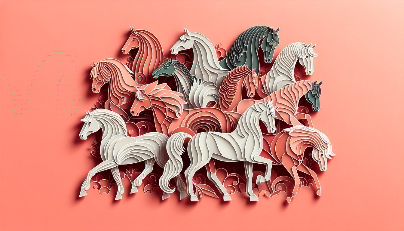 Paper art illustration for What Horse Am I personality quiz on a coral background