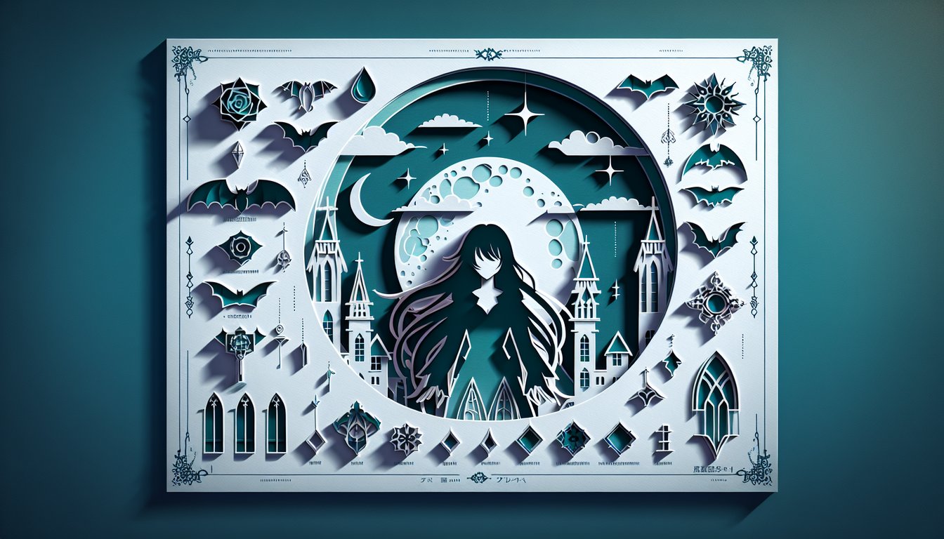 Paper art illustration for Vampire Knight anime characters quiz on a teal background