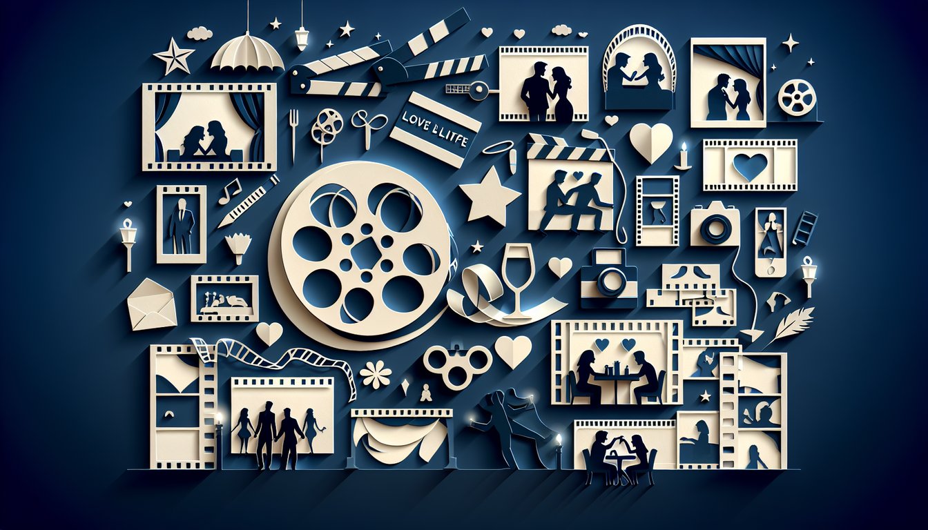 Paper art hearts film reel chat bubbles on dark blue background quiz about love life movie titles