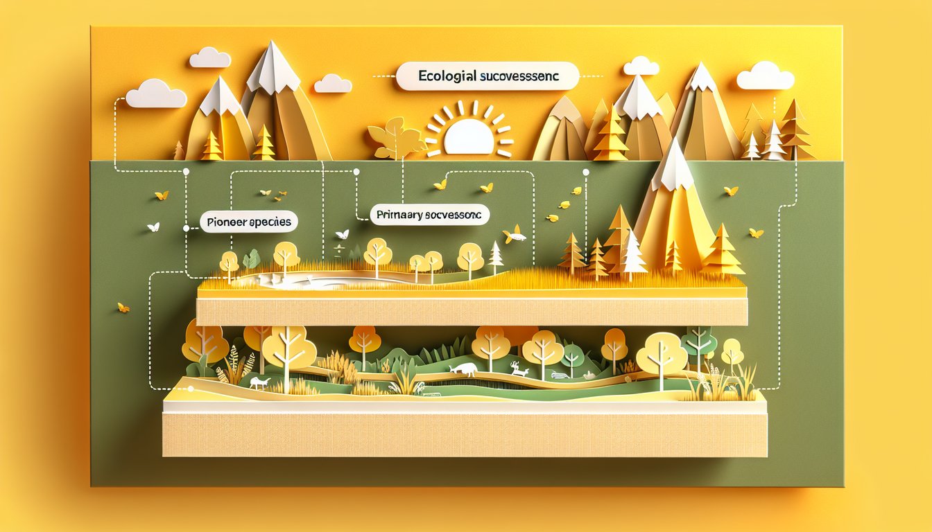 Paper art illustration of pioneer moss ferns saplings and trees on golden yellow background for ecological succession quiz