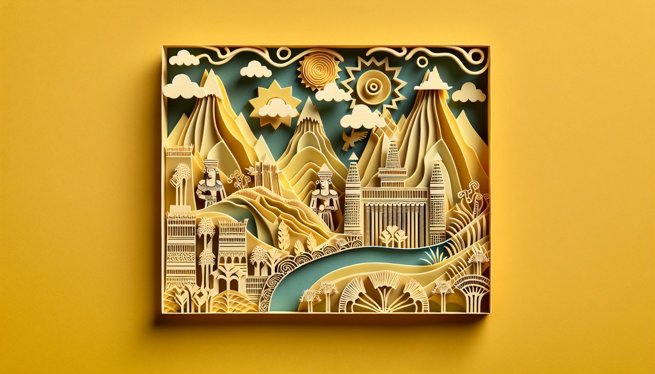Paper cut style illustration of cities and rivers of Mesopotamia on golden yellow background for Fertile Crescent quiz