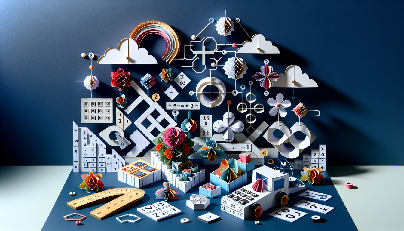 Colorful paper art promoting Combination Conundrum, a combinatorics quiz for high school students.