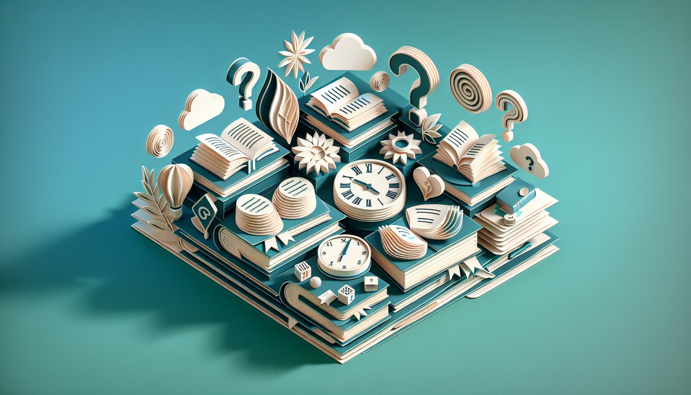 Paper art illustration of stacked grammar books test questions and present perfect quiz letters on teal background