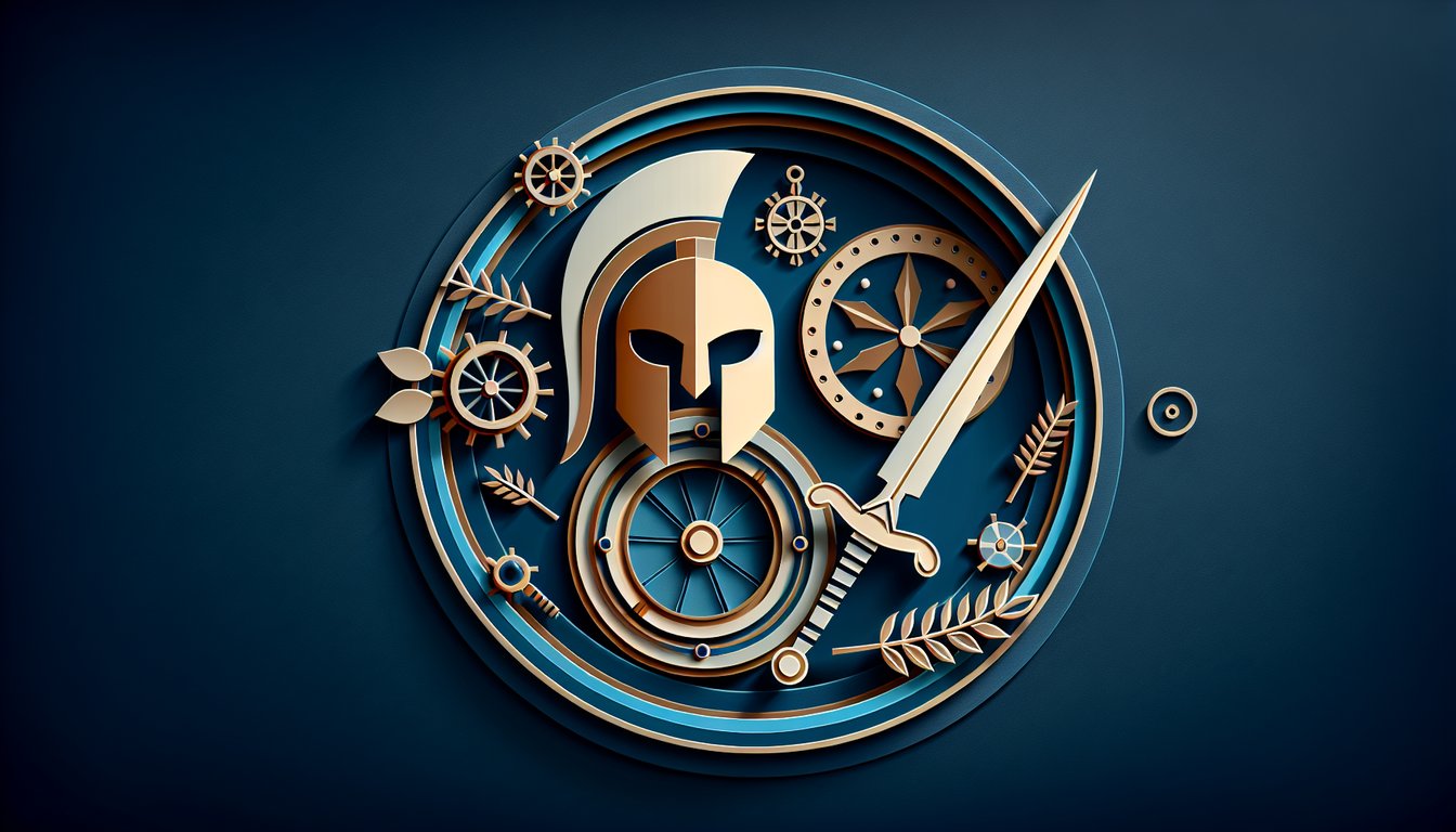 Paper art illustration showing Spartan helmet Leviathan axe and shield on dark blue background for God of War quiz