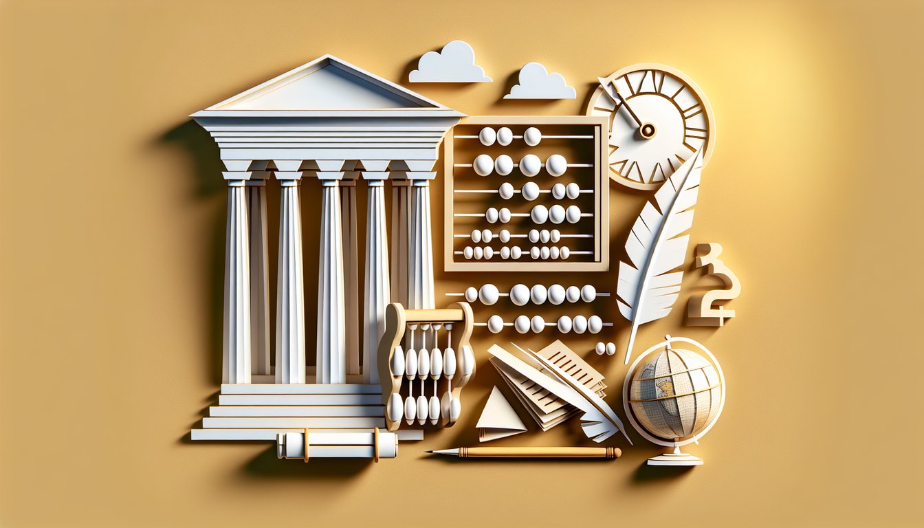 Paper art illustration of history quiz icons and books for kids on a golden yellow background