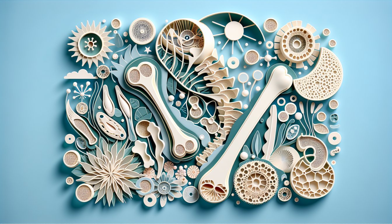 Paper art illustration for bone tissue quiz with terms like osteons, diaphysis on sky blue background