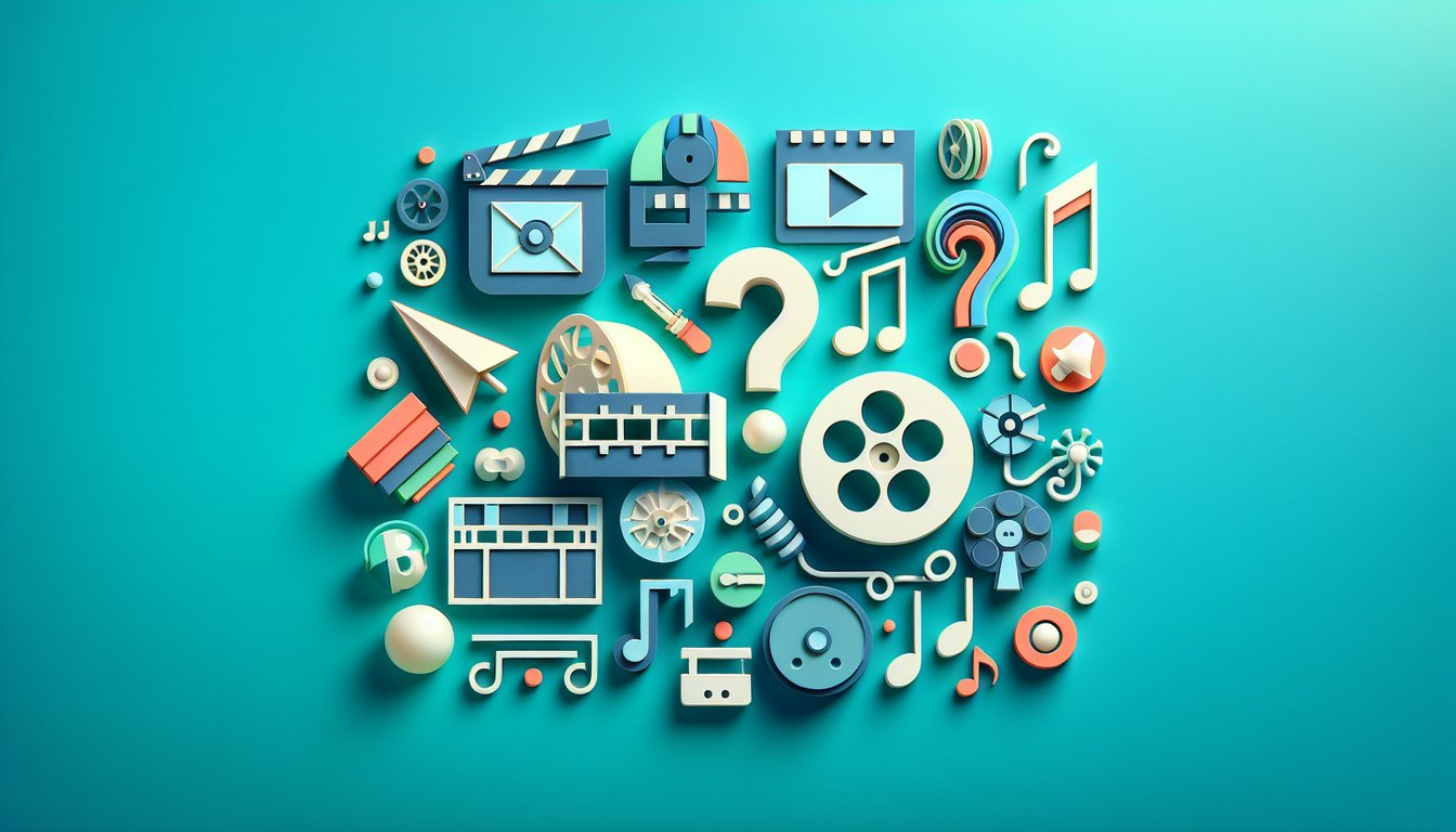 Paper art style quiz scene with film reels, headphones, music notes, question marks, cheerful icons on a teal background