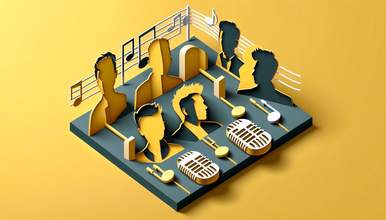 Paper art style illustration for free One Direction trivia quiz with band member names on golden yellow background