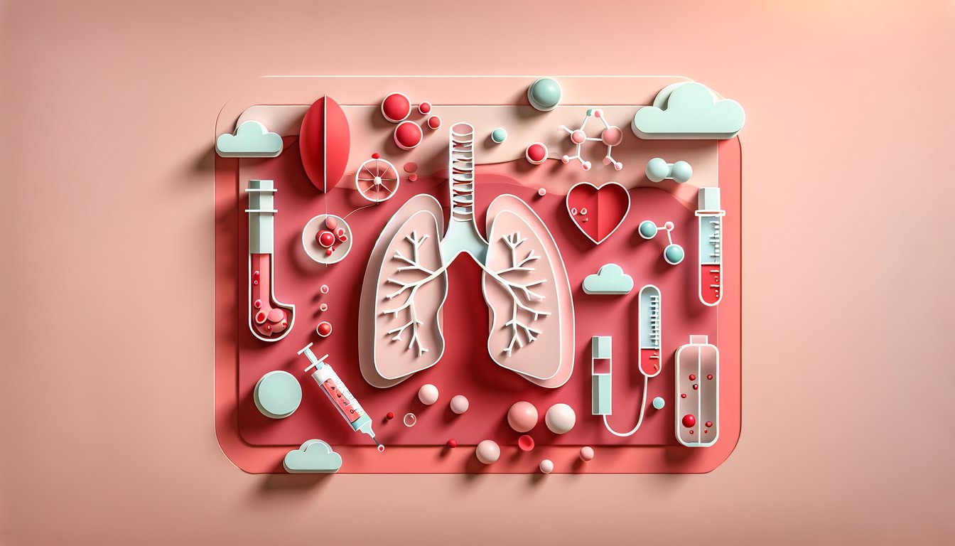 Paper art illustration showing ABG test sheet, pencil, stylized lungs, coral background