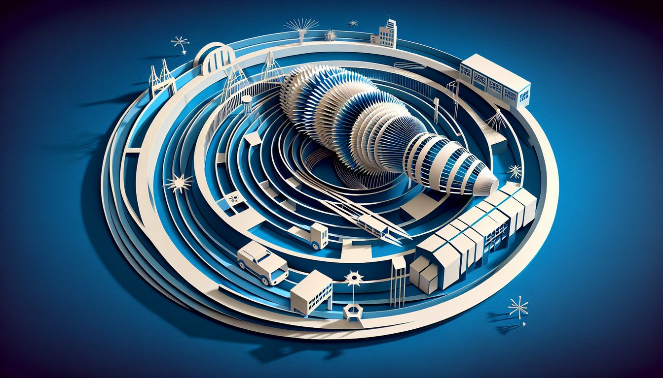 Paper art stylized LHC particle tracks detector icons on dark blue background for physics quiz